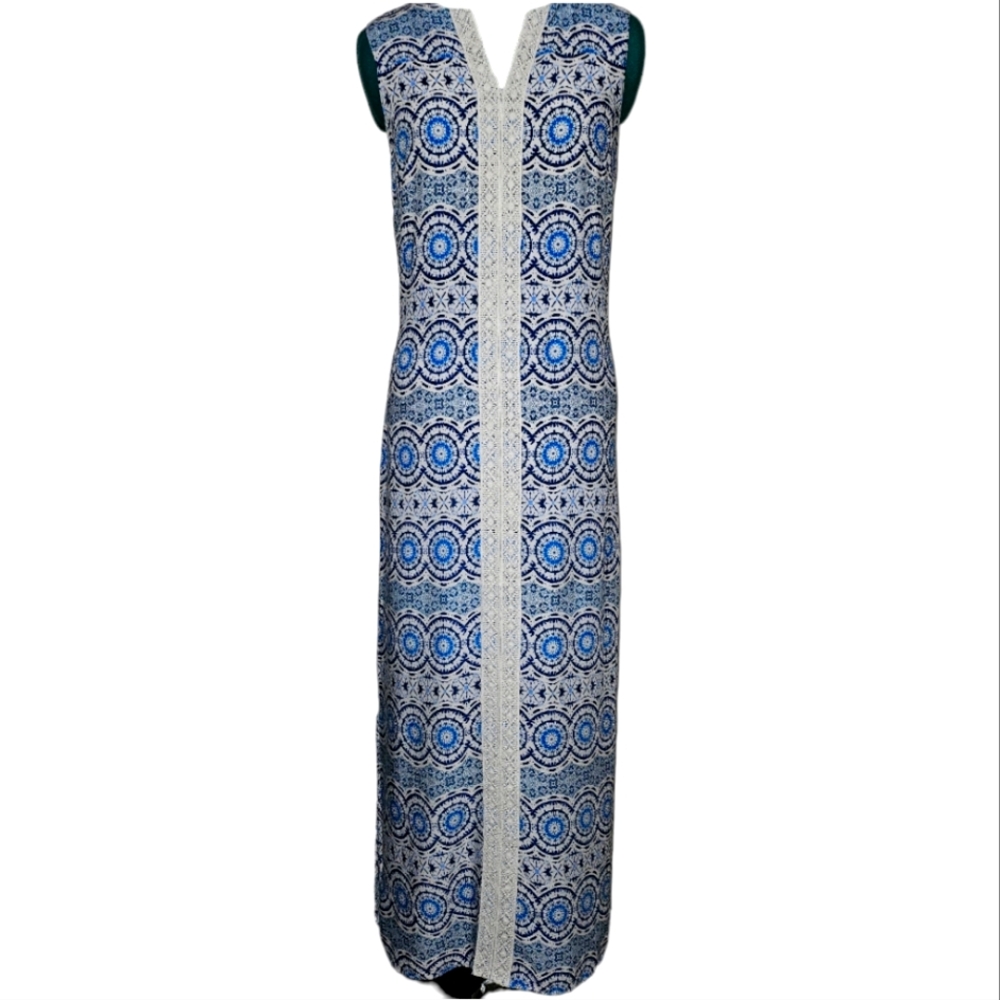 Caribbean Joe Island Supply Blue White Print Crochet Maxi Dress Size Large NWOT